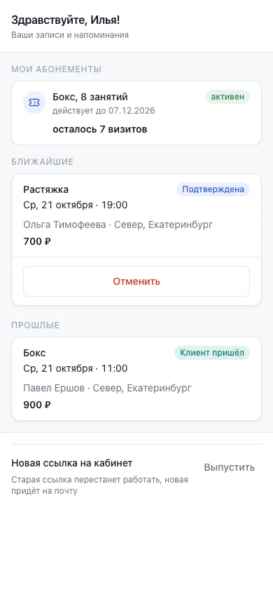 Личный кабинет клиента на телефоне: блок «Мои абонементы» с остатком визитов, сроком и состоянием